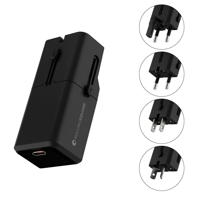 Pocket Travel Charger - US/EU/UK/AU plugs - Pocket Travel Charger - US/EU/UK/AU plugs - 30W - 1 Port - Compact black travel charger with foldable US, EU, UK, and AU plug adapters and one USB-C port. - Rolling Square Pocket Travel Charger - US/EU/UK/AU plugs - 30W - 1 Port - Compact black travel charger with foldable US, EU, UK, and AU plug adapters and one USB-C port. - Rolling Square