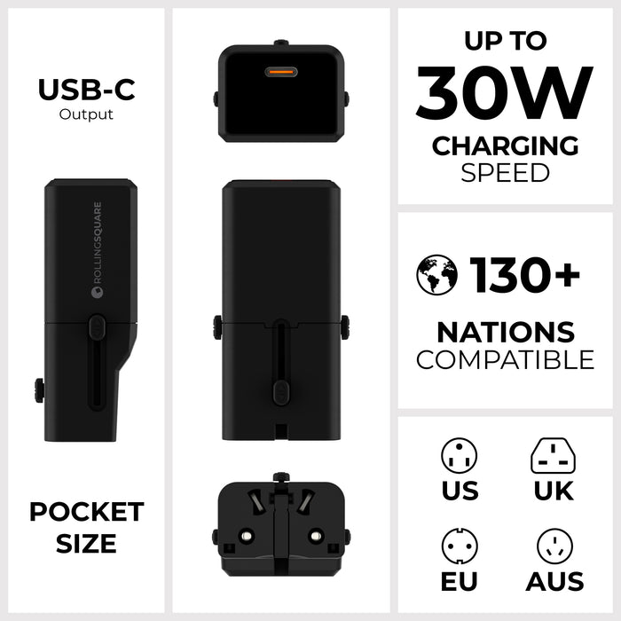 Pocket Travel Charger - US/EU/UK/AU plugs - Pocket Travel Charger - US/EU/UK/AU plugs - 30W - 1 Port - Compact black pocket travel charger with detachable US/EU/UK/AU plug adapter and USB-C port. - Rolling Square Pocket Travel Charger - US/EU/UK/AU plugs - 30W - 1 Port - Compact black pocket travel charger with detachable US/EU/UK/AU plug adapter and USB-C port. - Rolling Square
