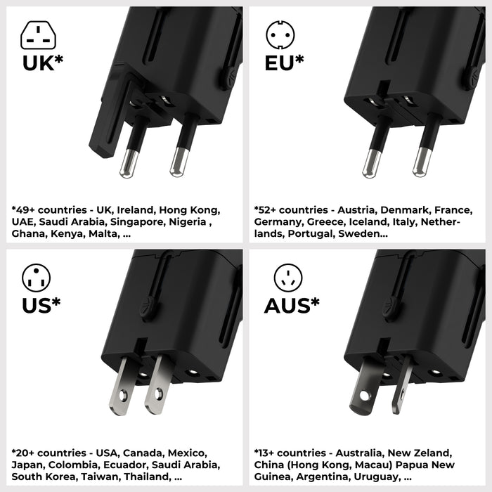 Pocket Travel Charger - US/EU/UK/AU plugs - Pocket Travel Charger - US/EU/UK/AU plugs - 30W - 1 Port - Compact black travel charger with interchangeable UK, EU, US, and AU plug adapters displayed with country compatibility. - Rolling Square Pocket Travel Charger - US/EU/UK/AU plugs - 30W - 1 Port - Compact black travel charger with interchangeable UK, EU, US, and AU plug adapters displayed with country compatibility. - Rolling Square