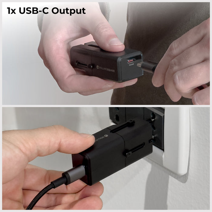 Pocket Travel Charger - US/EU/UK/AU plugs - Pocket Travel Charger - US/EU/UK/AU plugs - 30W - 1 Port - Compact black USB-C pocket travel charger with foldable plug and single USB-C port. - Rolling Square Pocket Travel Charger - US/EU/UK/AU plugs - 30W - 1 Port - Compact black USB-C pocket travel charger with foldable plug and single USB-C port. - Rolling Square
