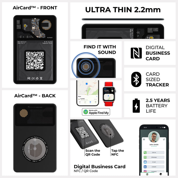 AirCard™ - Card-sized wallet tracker - AirCard™ - Card-sized wallet tracker - 1x AirCard - Slim black card-sized tracker with QR code and circular button, 2.2mm thickness shown. - Rolling Square AirCard™ - Card-sized wallet tracker - 1x AirCard - Slim black card-sized tracker with QR code and circular button, 2.2mm thickness shown. - Rolling Square