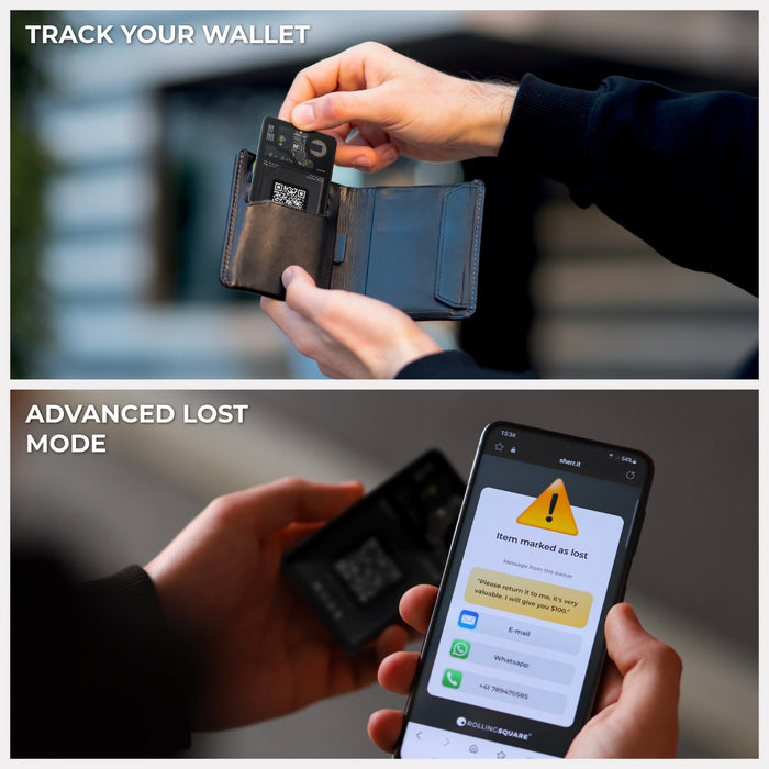 AirCard™ - Card-sized wallet tracker - AirCard™ - Card-sized wallet tracker - 1x AirCard - Black card-sized AirCard wallet tracker held next to a minimalist wallet and a smartphone showing tracking app alert. - Rolling Square AirCard™ - Card-sized wallet tracker - 1x AirCard - Black card-sized AirCard wallet tracker held next to a minimalist wallet and a smartphone showing tracking app alert. - Rolling Square