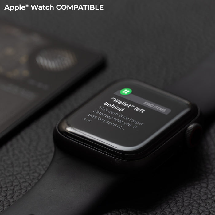 AirCard™ - Card-sized wallet tracker - AirCard™ - Card-sized wallet tracker - 1x AirCard - Black smartwatch with notification about a wallet left behind on the screen over a textured black surface. - Rolling Square AirCard™ - Card-sized wallet tracker - 1x AirCard - Black smartwatch with notification about a wallet left behind on the screen over a textured black surface. - Rolling Square