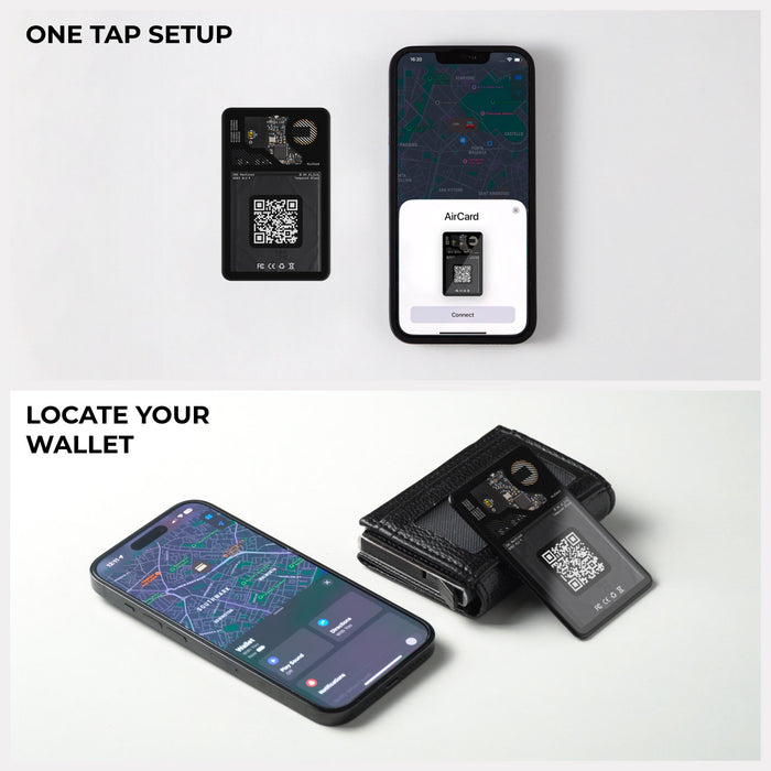AirCard™ - Card-sized wallet tracker - AirCard™ - Card-sized wallet tracker - 1x AirCard - Black AirCard wallet tracker next to smartphone showing tracking app with map and location details. - Rolling Square AirCard™ - Card-sized wallet tracker - 1x AirCard - Black AirCard wallet tracker next to smartphone showing tracking app with map and location details. - Rolling Square