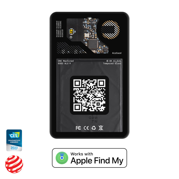 AirCard™ - Card-sized wallet tracker - AirCard™ - Card-sized wallet tracker - 1x AirCard - Black card-sized wallet tracker with visible circuit board details and QR code, Apple Find My compatible badge and CES 2022. - Rolling Square AirCard™ - Card-sized wallet tracker - 1x AirCard - Black card-sized wallet tracker with visible circuit board details and QR code, Apple Find My compatible badge and CES 2022. - Rolling Square