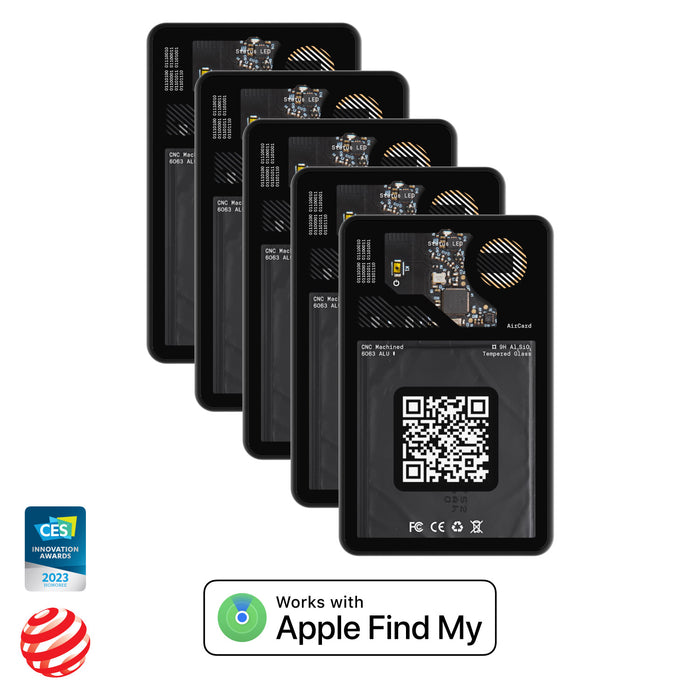 AirCard™ - Card-sized wallet tracker - AirCard™ - Card-sized wallet tracker - 1x AirCard - Set of five black AirCard wallet trackers with QR codes and circuit design, compatible with Apple Find My. - Rolling Square AirCard™ - Card-sized wallet tracker - 1x AirCard - Set of five black AirCard wallet trackers with QR codes and circuit design, compatible with Apple Find My. - Rolling Square