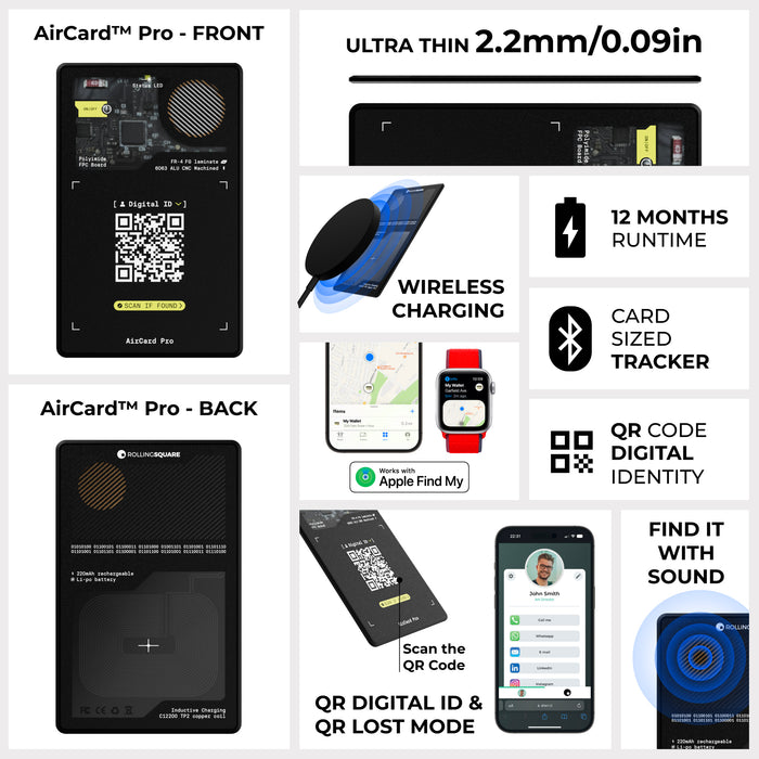 AirCard™ Pro - Android & Apple Bluetooth tracker - AirCard™ Pro - Android & Apple Bluetooth tracker - Black - Apple Network - Black ultra-thin AirCard Pro Bluetooth tracker with QR code and wireless charging features. - Rolling Square AirCard™ Pro - Android & Apple Bluetooth tracker - Black - Apple Network - Black ultra-thin AirCard Pro Bluetooth tracker with QR code and wireless charging features. - Rolling Square