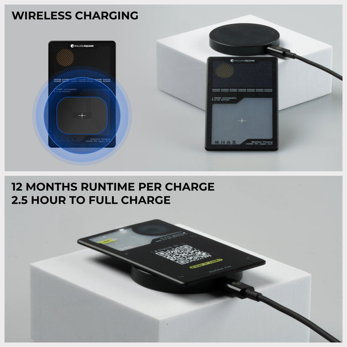 AirCard™ Pro - Android & Apple Bluetooth tracker - AirCard™ Pro - Android & Apple Bluetooth tracker - Black - Apple Network - Black AirCard Pro Bluetooth tracker with wireless charging on black charging pad. - Rolling Square AirCard™ Pro - Android & Apple Bluetooth tracker - Black - Apple Network - Black AirCard Pro Bluetooth tracker with wireless charging on black charging pad. - Rolling Square