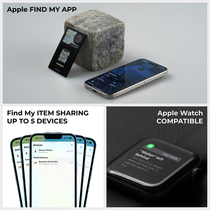 AirCard™ Pro - Android & Apple Bluetooth tracker - AirCard™ Pro - Android & Apple Bluetooth tracker - Black - Apple Network - Black rectangular Bluetooth tracker leaning against a gray stone with a QR code and QR scanner circle, next to a smartphone. - Rolling Square AirCard™ Pro - Android & Apple Bluetooth tracker - Black - Apple Network - Black rectangular Bluetooth tracker leaning against a gray stone with a QR code and QR scanner circle, next to a smartphone. - Rolling Square