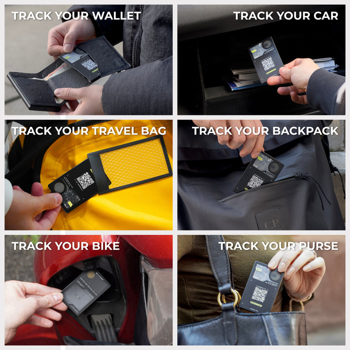 AirCard™ Pro - Android & Apple Bluetooth tracker - AirCard™ Pro - Android & Apple Bluetooth tracker - Black - Apple Network - Black AirCard Pro Bluetooth tracker attached to wallet, car key, travel bag, backpack, bike, and purse in various usage. - Rolling Square AirCard™ Pro - Android & Apple Bluetooth tracker - Black - Apple Network - Black AirCard Pro Bluetooth tracker attached to wallet, car key, travel bag, backpack, bike, and purse in various usage. - Rolling Square
