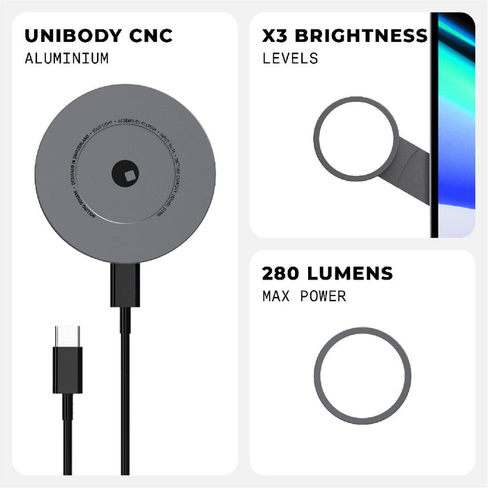 EDGE® Full Kit - Productivity magnetic kit - EDGE® Full Kit - Productivity magnetic kit - Carrara White - Round gray aluminum wireless charger with USB-C cable and brightness and power icons. - Rolling Square EDGE® Full Kit - Productivity magnetic kit - Carrara White - Round gray aluminum wireless charger with USB-C cable and brightness and power icons. - Rolling Square