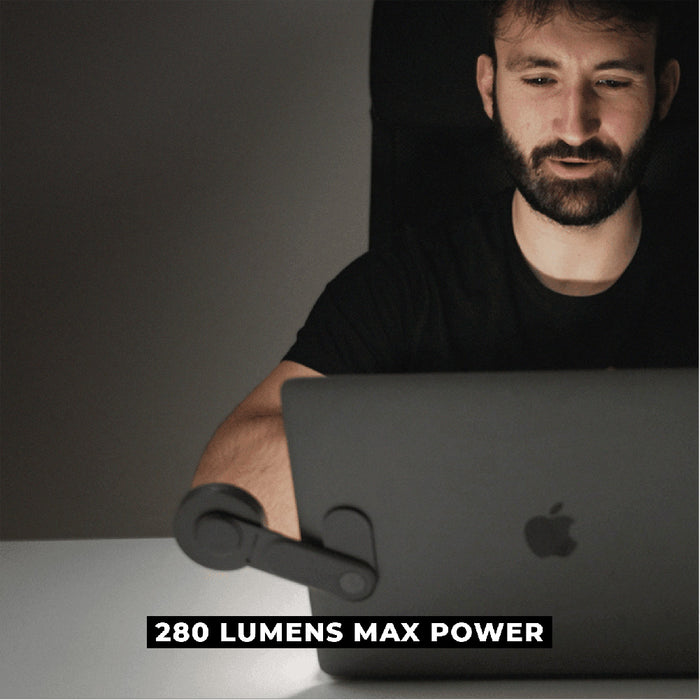 EDGE® Full Kit - Productivity magnetic kit - EDGE® Full Kit - Productivity magnetic kit - Carrara White - Black magnetic desk lamp with flexible arm attached to a laptop, illuminating workspace with 280 lumens max power. - Rolling Square EDGE® Full Kit - Productivity magnetic kit - Carrara White - Black magnetic desk lamp with flexible arm attached to a laptop, illuminating workspace with 280 lumens max power. - Rolling Square