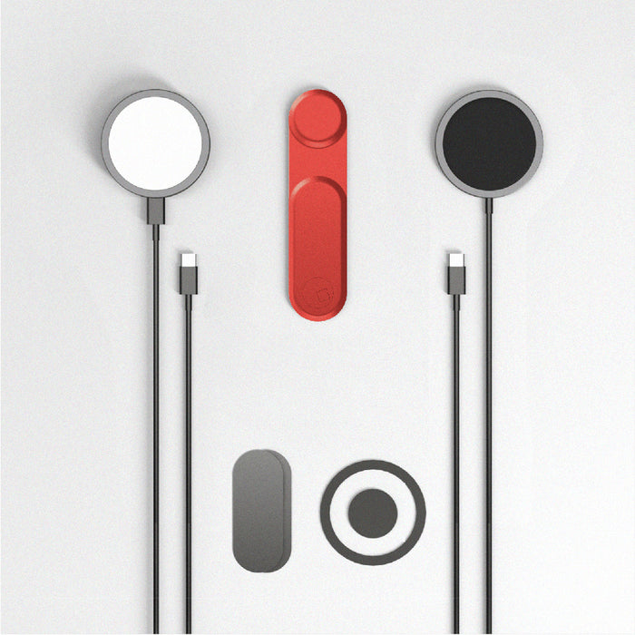 EDGE® Full Kit - Productivity magnetic kit - EDGE® Full Kit - Productivity magnetic kit - Carrara White - Magnetic wireless charger set with round white and black charging pads, red and grey accessory pieces. - Rolling Square EDGE® Full Kit - Productivity magnetic kit - Carrara White - Magnetic wireless charger set with round white and black charging pads, red and grey accessory pieces. - Rolling Square