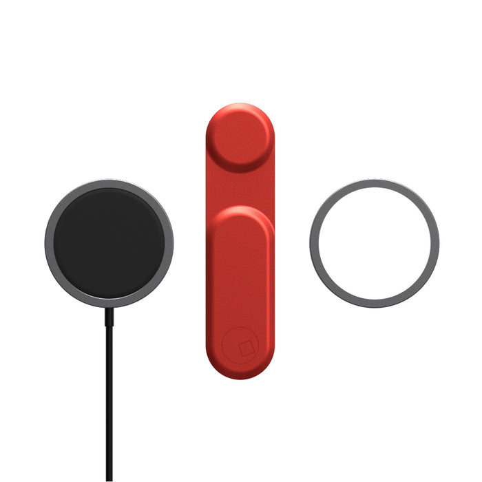 EDGE® Full Kit - Productivity magnetic kit - EDGE® Full Kit - Productivity magnetic kit - Carrara White - Black magnetic wireless charger, red elongated magnetic phone holder, and gray circular magnetic ring on white background. - Rolling Square EDGE® Full Kit - Productivity magnetic kit - Carrara White - Black magnetic wireless charger, red elongated magnetic phone holder, and gray circular magnetic ring on white background. - Rolling Square