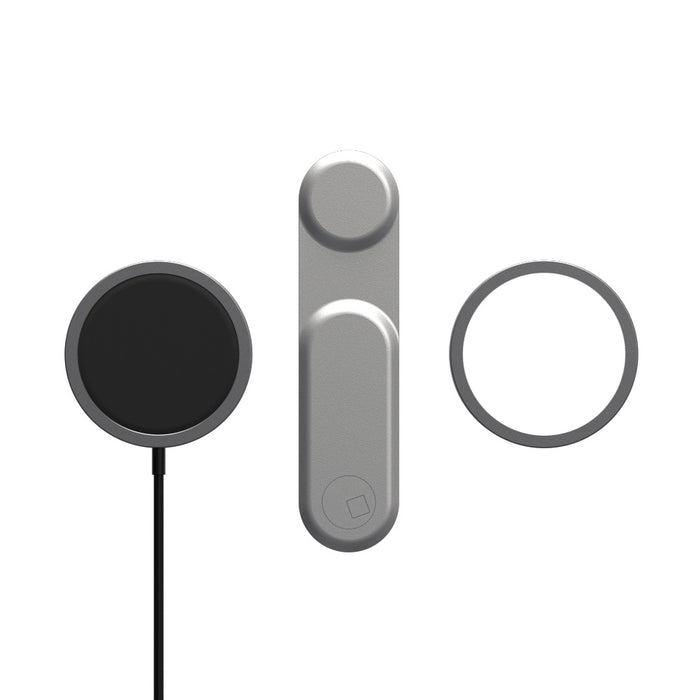 EDGE® Full Kit - Productivity magnetic kit - EDGE® Full Kit - Productivity magnetic kit - Carrara White - Gray magnetic phone holder with circular black pad and detachable ring accessory on white background. - Rolling Square EDGE® Full Kit - Productivity magnetic kit - Carrara White - Gray magnetic phone holder with circular black pad and detachable ring accessory on white background. - Rolling Square