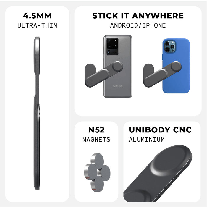 EDGE® Full Kit - Productivity magnetic kit - EDGE® Full Kit - Productivity magnetic kit - Carrara White - Slim black magnetic phone grip attached to smartphone backs, showing side and front views. - Rolling Square EDGE® Full Kit - Productivity magnetic kit - Carrara White - Slim black magnetic phone grip attached to smartphone backs, showing side and front views. - Rolling Square