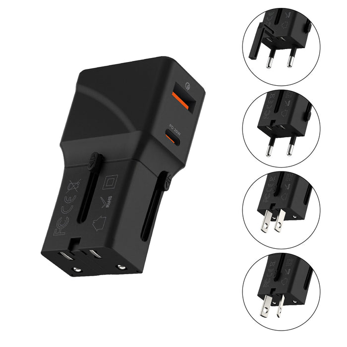 Pocket Travel Charger - US/EU/UK/AU plugs - Pocket Travel Charger - US/EU/UK/AU plugs - 30W - 1 Port - Compact black pocket travel charger with two USB ports and interchangeable US, EU, UK, and AU plugs. - Rolling Square Pocket Travel Charger - US/EU/UK/AU plugs - 30W - 1 Port - Compact black pocket travel charger with two USB ports and interchangeable US, EU, UK, and AU plugs. - Rolling Square