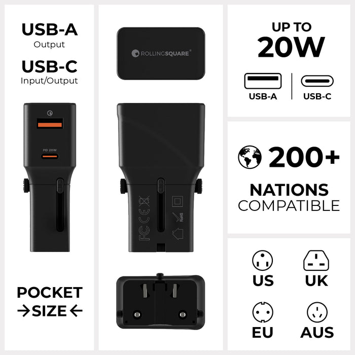 Pocket Travel Charger - US/EU/UK/AU plugs - Pocket Travel Charger - US/EU/UK/AU plugs - 30W - 1 Port - Compact black pocket travel charger with USB-A and USB-C ports, compatible with US, EU, UK, and AU plugs, supporting up to. - Rolling Square Pocket Travel Charger - US/EU/UK/AU plugs - 30W - 1 Port - Compact black pocket travel charger with USB-A and USB-C ports, compatible with US, EU, UK, and AU plugs, supporting up to. - Rolling Square