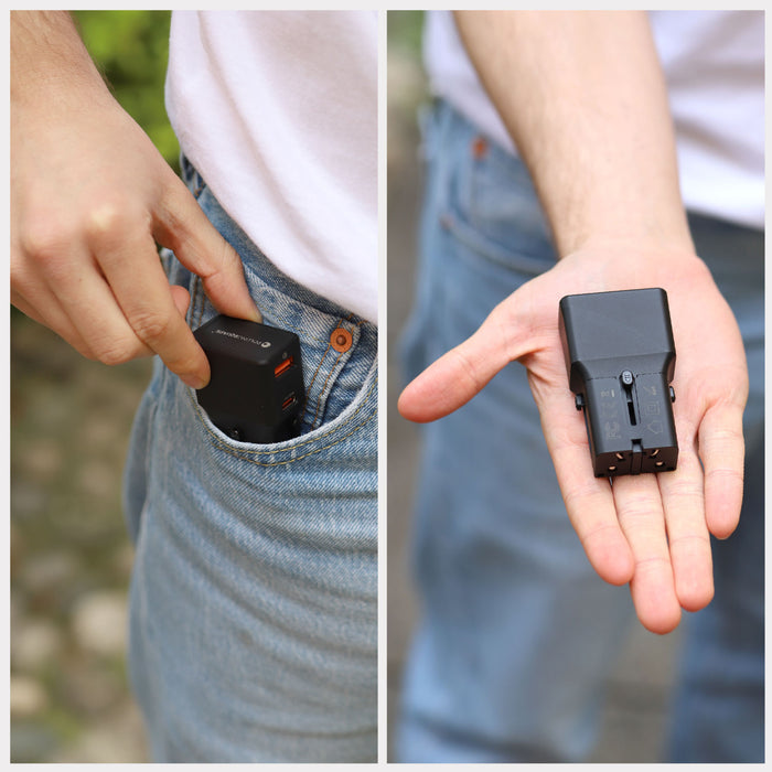Pocket Travel Charger - US/EU/UK/AU plugs - Pocket Travel Charger - US/EU/UK/AU plugs - 30W - 1 Port - Compact black travel charger with interchangeable US/EU/UK/AU plugs held in palm and pocket. - Rolling Square Pocket Travel Charger - US/EU/UK/AU plugs - 30W - 1 Port - Compact black travel charger with interchangeable US/EU/UK/AU plugs held in palm and pocket. - Rolling Square