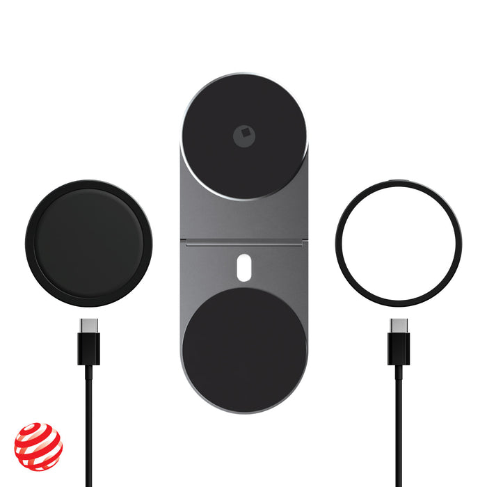 EDGE® Pro Full Kit - MagSafe modular kit - EDGE® Pro Full Kit - MagSafe modular kit - Hyperspace Black - MagSafe modular wireless charger kit with dual black charging pads and sleek gray central hub. - Rolling Square EDGE® Pro Full Kit - MagSafe modular kit - Hyperspace Black - MagSafe modular wireless charger kit with dual black charging pads and sleek gray central hub. - Rolling Square