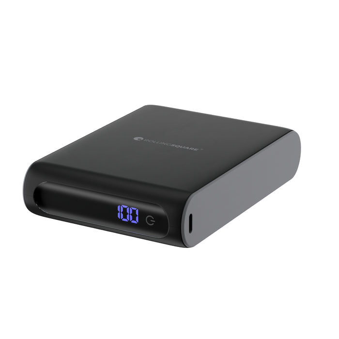 Essential Power Bank - 20,000mAh capacity, on-the-go - Essential Power Bank - 20,000mAh capacity, on-the-go - Black - Compact black power bank with digital display and single power button on smooth matte surface. - Rolling Square Essential Power Bank - 20,000mAh capacity, on-the-go - Black - Compact black power bank with digital display and single power button on smooth matte surface. - Rolling Square