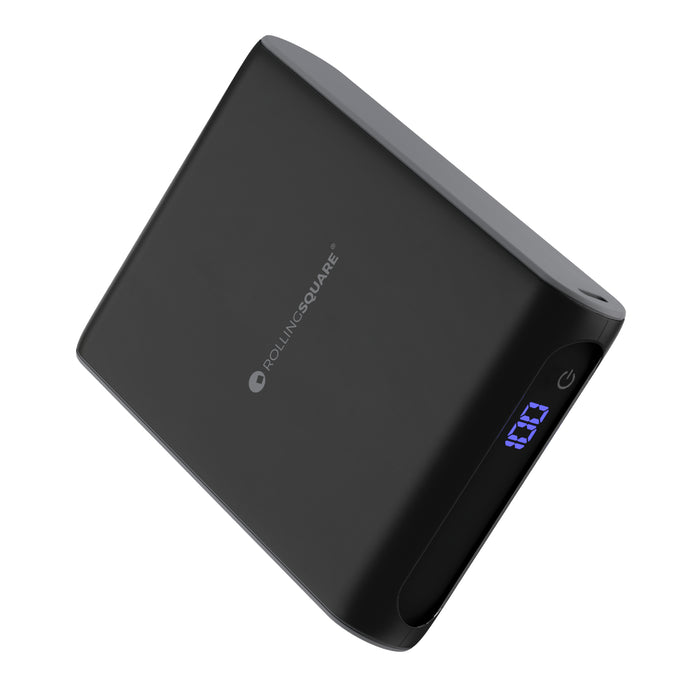 Essential Power Bank - 20,000mAh capacity, on-the-go - Essential Power Bank - 20,000mAh capacity, on-the-go - Black - Black compact power bank with digital battery percentage display and rounded edges. - Rolling Square Essential Power Bank - 20,000mAh capacity, on-the-go - Black - Black compact power bank with digital battery percentage display and rounded edges. - Rolling Square