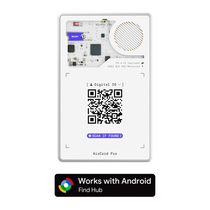 AirCard™ Pro - Android & Apple Bluetooth tracker - AirCard™ Pro - Android & Apple Bluetooth tracker - Black - Apple Network - White AirCard Pro Bluetooth tracker with speaker grill, circuit details, and QR code on front panel. - Rolling Square AirCard™ Pro - Android & Apple Bluetooth tracker - Black - Apple Network - White AirCard Pro Bluetooth tracker with speaker grill, circuit details, and QR code on front panel. - Rolling Square