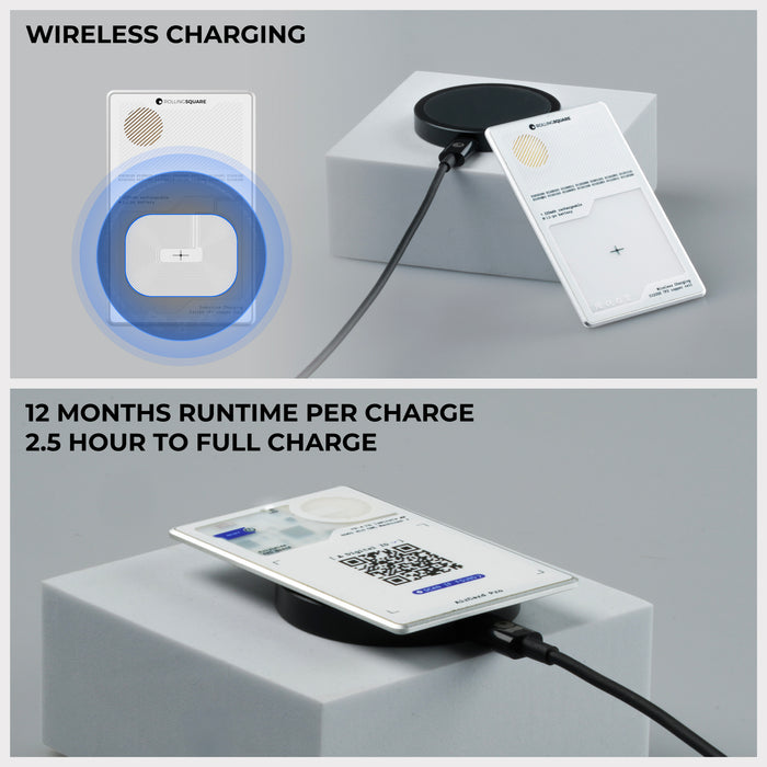 AirCard™ Pro - Android & Apple Bluetooth tracker - AirCard™ Pro - Android & Apple Bluetooth tracker - Black - Apple Network - White AirCard™ Pro Bluetooth tracker with wireless charging pad and smartphone on gray stands. - Rolling Square AirCard™ Pro - Android & Apple Bluetooth tracker - Black - Apple Network - White AirCard™ Pro Bluetooth tracker with wireless charging pad and smartphone on gray stands. - Rolling Square