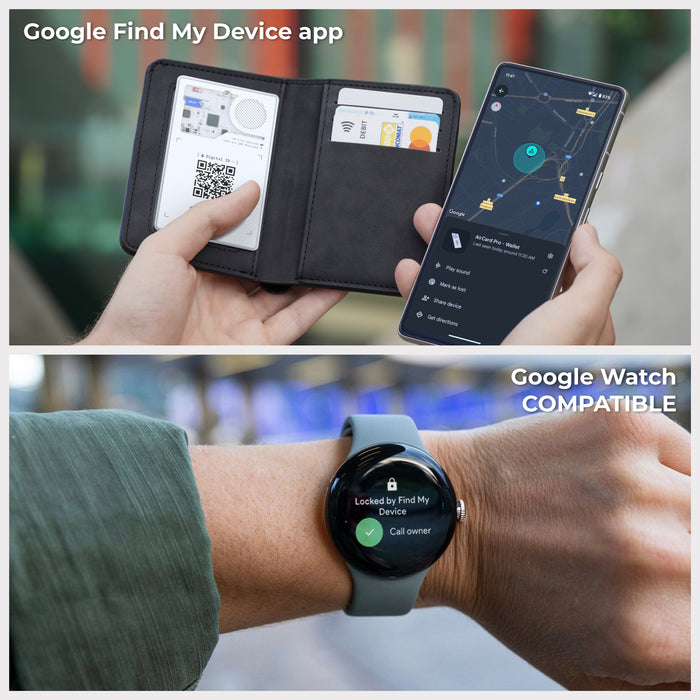 AirCard™ Pro - Android & Apple Bluetooth tracker - AirCard™ Pro - Android & Apple Bluetooth tracker - Black - Apple Network - Black leather wallet with slots holding AirCard Pro tracker and smartphone displaying tracking app, smartwatch showing. - Rolling Square AirCard™ Pro - Android & Apple Bluetooth tracker - Black - Apple Network - Black leather wallet with slots holding AirCard Pro tracker and smartphone displaying tracking app, smartwatch showing. - Rolling Square