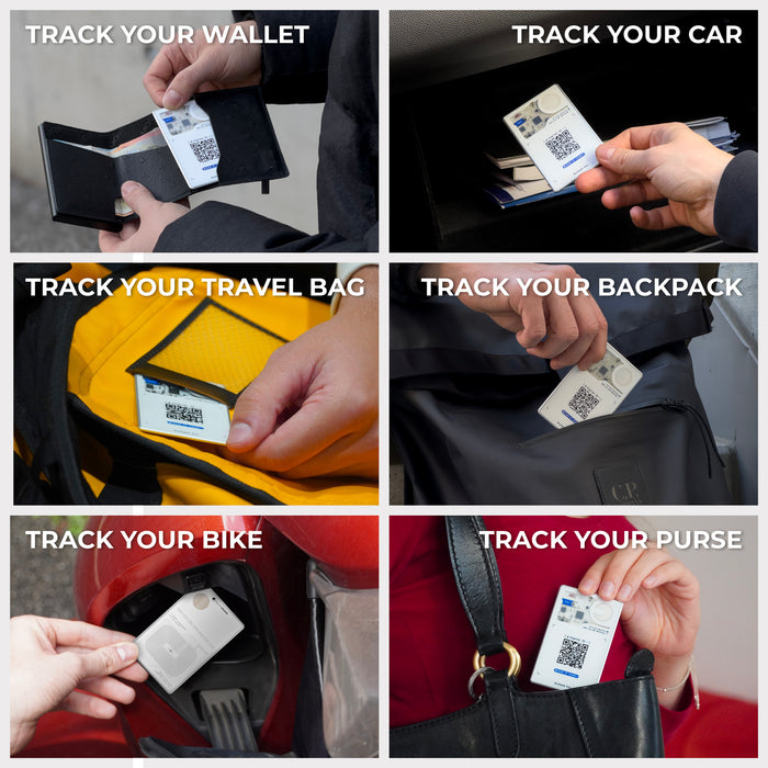 AirCard™ Pro - Android & Apple Bluetooth tracker - AirCard™ Pro - Android & Apple Bluetooth tracker - Black - Apple Network - Six close-up shots showing black and white AirCard Pro Bluetooth trackers attached inside a wallet, car, yellow travel bag,. - Rolling Square AirCard™ Pro - Android & Apple Bluetooth tracker - Black - Apple Network - Six close-up shots showing black and white AirCard Pro Bluetooth trackers attached inside a wallet, car, yellow travel bag,. - Rolling Square