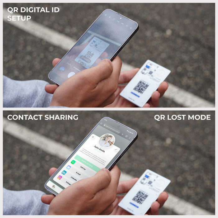 AirCard™ Pro - Android & Apple Bluetooth tracker - AirCard™ Pro - Android & Apple Bluetooth tracker - Black - Apple Network - Person holding black smartphone displaying QR digital ID setup and contact sharing screens next to a small white Bluetooth. - Rolling Square AirCard™ Pro - Android & Apple Bluetooth tracker - Black - Apple Network - Person holding black smartphone displaying QR digital ID setup and contact sharing screens next to a small white Bluetooth. - Rolling Square