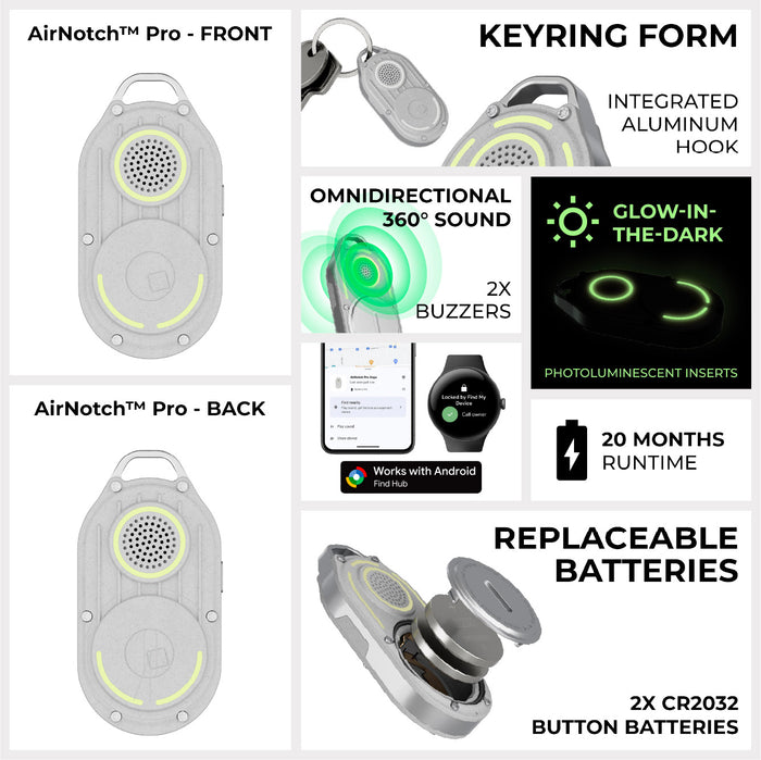 AirNotch™ Pro - Android & Apple Bluetooth tracker - AirNotch™ Pro - Android & Apple Bluetooth tracker - Black - Apple Network - Compact AirNotch™ Pro Bluetooth tracker with integrated aluminum keyring, glow-in-the-dark feature, and replaceable CR2032. - Rolling Square AirNotch™ Pro - Android & Apple Bluetooth tracker - Black - Apple Network - Compact AirNotch™ Pro Bluetooth tracker with integrated aluminum keyring, glow-in-the-dark feature, and replaceable CR2032. - Rolling Square