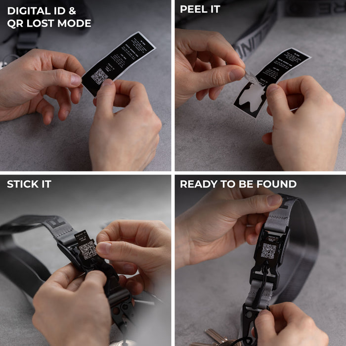 Rolling Square Lanyard - Digital ID & QR Lost Mode - Rolling Square Lanyard - Digital ID & QR Lost Mode - Silver Fog - Black Rolling Square lanyard with digital ID display and peel-off QR code sticker application steps shown. - Rolling Square Rolling Square Lanyard - Digital ID & QR Lost Mode - Silver Fog - Black Rolling Square lanyard with digital ID display and peel-off QR code sticker application steps shown. - Rolling Square
