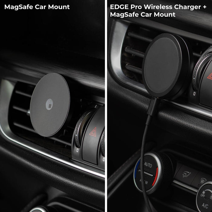 MagSafe Car Mount - MagSafe Car Mount - MagSafe Car Mount - Black circular MagSafe car mount attached to car air vent, shown alone and paired with wireless charger and USB cable. - Rolling Square MagSafe Car Mount - MagSafe Car Mount - Black circular MagSafe car mount attached to car air vent, shown alone and paired with wireless charger and USB cable. - Rolling Square