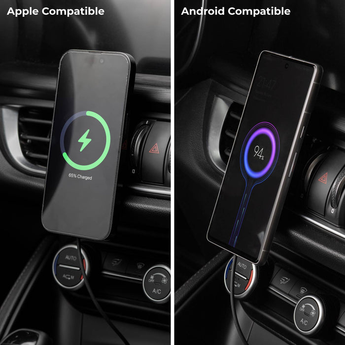 MagSafe Car Mount - MagSafe Car Mount - MagSafe Car Mount - Black magnetic phone mount attached to car vent holding Apple and Android smartphones with charging indicators visible. - Rolling Square MagSafe Car Mount - MagSafe Car Mount - Black magnetic phone mount attached to car vent holding Apple and Android smartphones with charging indicators visible. - Rolling Square