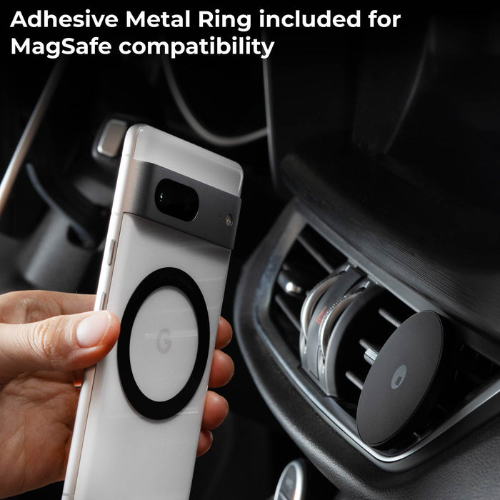 MagSafe Car Mount - MagSafe Car Mount - MagSafe Car Mount - Black and silver MagSafe car mount attached to a car vent holding a smartphone with adhesive metal ring visible. - Rolling Square MagSafe Car Mount - MagSafe Car Mount - Black and silver MagSafe car mount attached to a car vent holding a smartphone with adhesive metal ring visible. - Rolling Square