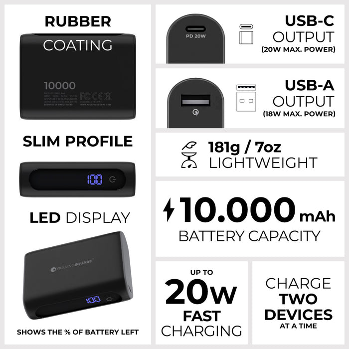 Essential Power Bank - 10,000mAh capacity, on-the-go - Essential Power Bank - 10,000mAh capacity, on-the-go - Black - Black rectangular power bank with rubber coating, slim profile, LED battery display, and USB-C and USB-A ports. - Rolling Square Essential Power Bank - 10,000mAh capacity, on-the-go - Black - Black rectangular power bank with rubber coating, slim profile, LED battery display, and USB-C and USB-A ports. - Rolling Square
