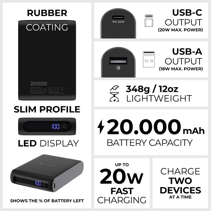 Essential Power Bank - 20,000mAh capacity, on-the-go - Essential Power Bank - 20,000mAh capacity, on-the-go - Black - Black slim power bank with rubber coating, LED battery display, USB-C and USB-A ports. - Rolling Square Essential Power Bank - 20,000mAh capacity, on-the-go - Black - Black slim power bank with rubber coating, LED battery display, USB-C and USB-A ports. - Rolling Square