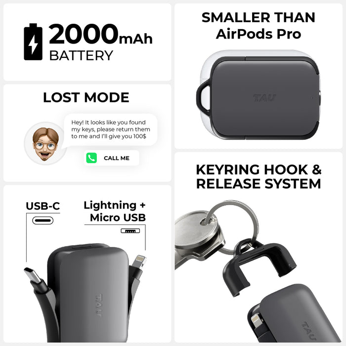 TAU® 2 - Emergency keyring power bank - TAU® 2 - Emergency keyring power bank - Mercury Black - Compact dark gray power bank with 2000mAh battery, keyring hook, and multi-port cables. - Rolling Square TAU® 2 - Emergency keyring power bank - Mercury Black - Compact dark gray power bank with 2000mAh battery, keyring hook, and multi-port cables. - Rolling Square