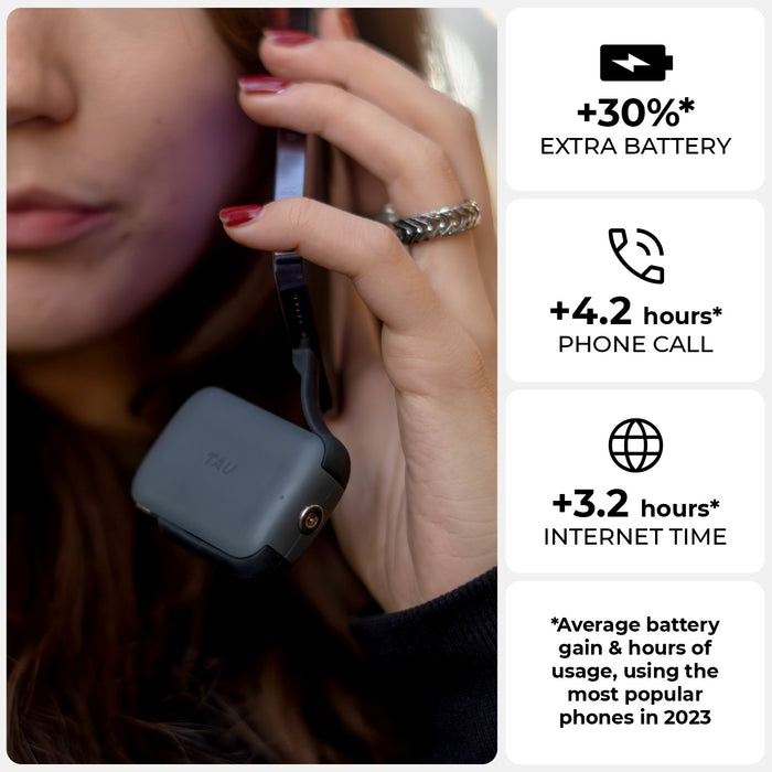 TAU® 2 - Emergency keyring power bank - TAU® 2 - Emergency keyring power bank - Mercury Black - Compact charcoal black keyring power bank held near face with silver ring on hand. - Rolling Square TAU® 2 - Emergency keyring power bank - Mercury Black - Compact charcoal black keyring power bank held near face with silver ring on hand. - Rolling Square