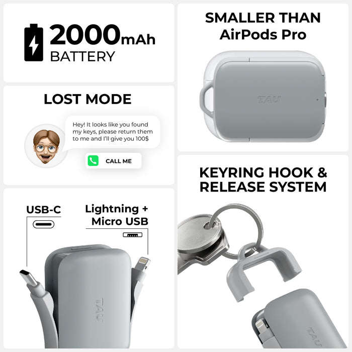 TAU® 2 - Emergency keyring power bank - TAU® 2 - Emergency keyring power bank - Mercury Black - Compact white TAU® 2 power bank with keyring hook and release system, smaller than AirPods Pro. - Rolling Square TAU® 2 - Emergency keyring power bank - Mercury Black - Compact white TAU® 2 power bank with keyring hook and release system, smaller than AirPods Pro. - Rolling Square