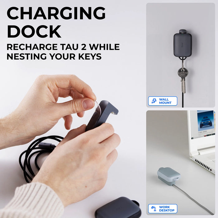 TAU® 2 - Emergency keyring power bank - TAU® 2 - Emergency keyring power bank - Mercury Black - Hand placing a compact black charging dock with a cable near a white wall outlet and a silver laptop, showing versatile. - Rolling Square TAU® 2 - Emergency keyring power bank - Mercury Black - Hand placing a compact black charging dock with a cable near a white wall outlet and a silver laptop, showing versatile. - Rolling Square
