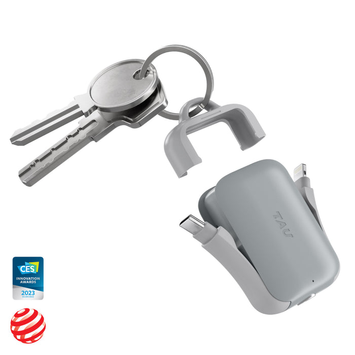 TAU® 2 - Emergency keyring power bank - TAU® 2 - Emergency keyring power bank - Mercury Black - Compact gray keyring power bank with built-in USB, USB-C, and Lightning connectors attached to keys. - Rolling Square TAU® 2 - Emergency keyring power bank - Mercury Black - Compact gray keyring power bank with built-in USB, USB-C, and Lightning connectors attached to keys. - Rolling Square