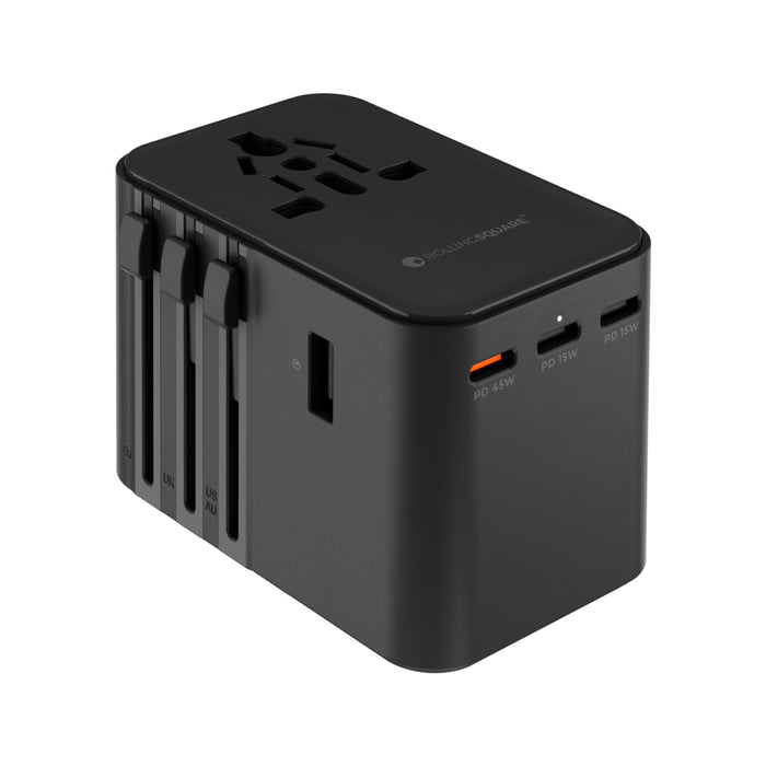 Travel Adapter Quick Charger - Travel Adapter Quick Charger - 45W - Compact black travel adapter and quick charger with multiple plug types and USB-C, USB-A ports, 45W power. - Rolling Square Travel Adapter Quick Charger - 45W - Compact black travel adapter and quick charger with multiple plug types and USB-C, USB-A ports, 45W power. - Rolling Square
