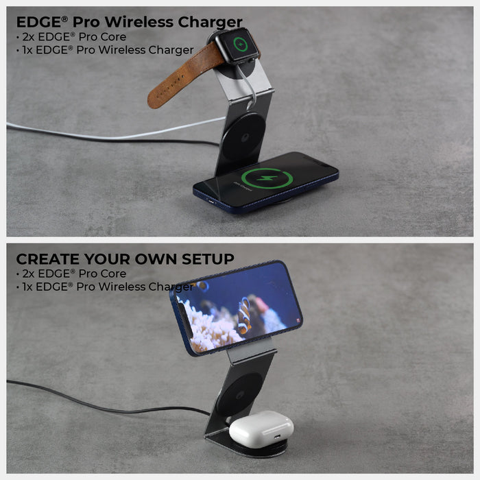 EDGE® Pro Full Kit - MagSafe modular kit - EDGE® Pro Full Kit - MagSafe modular kit - Hyperspace Black - Black MagSafe modular stand holding an Apple Watch with tan leather strap and wireless charger with phone on gray surface. - Rolling Square EDGE® Pro Full Kit - MagSafe modular kit - Hyperspace Black - Black MagSafe modular stand holding an Apple Watch with tan leather strap and wireless charger with phone on gray surface. - Rolling Square