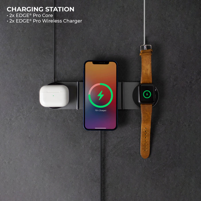 EDGE® Pro Full Kit - MagSafe modular kit - EDGE® Pro Full Kit - MagSafe modular kit - Hyperspace Black - MagSafe charging station with two white wireless earbuds, smartphone, and smartwatch on black surface. - Rolling Square EDGE® Pro Full Kit - MagSafe modular kit - Hyperspace Black - MagSafe charging station with two white wireless earbuds, smartphone, and smartwatch on black surface. - Rolling Square