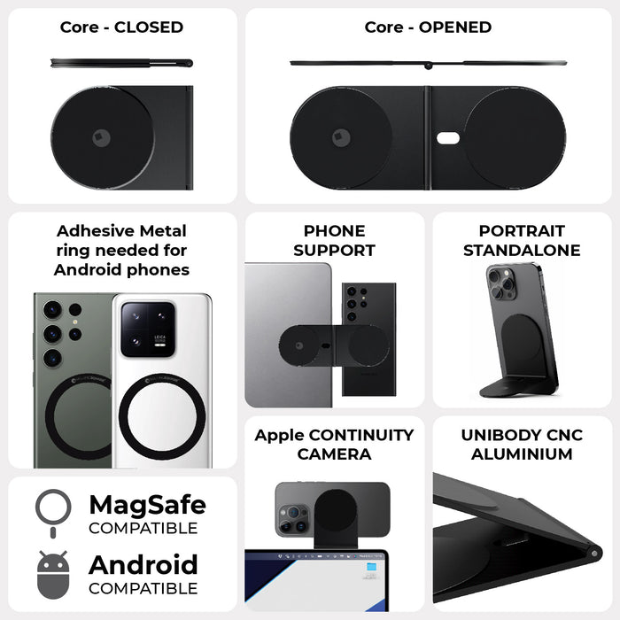 EDGE® Pro Core - MagSafe phone & tablet holder - EDGE® Pro Core - MagSafe phone & tablet holder - Hyperspace Black - Black MagSafe phone and tablet holder with adhesive metal ring, showing open and closed views and mounting options. - Rolling Square EDGE® Pro Core - MagSafe phone & tablet holder - Hyperspace Black - Black MagSafe phone and tablet holder with adhesive metal ring, showing open and closed views and mounting options. - Rolling Square