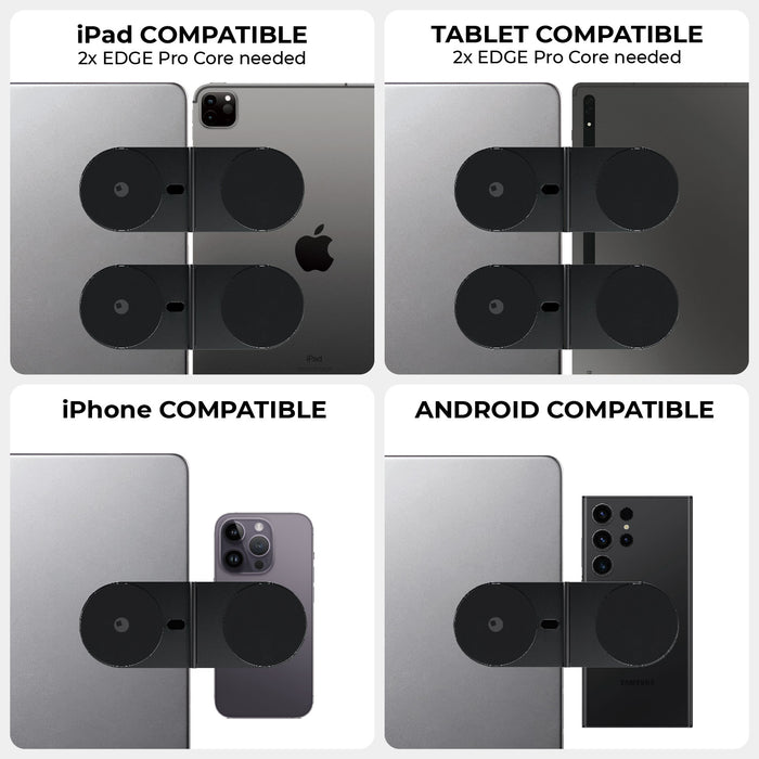 EDGE® Pro Core - MagSafe phone & tablet holder - EDGE® Pro Core - MagSafe phone & tablet holder - Hyperspace Black - Magnetic EDGE Pro Core holder in black attached to tablets and smartphones in various sizes and colors. - Rolling Square EDGE® Pro Core - MagSafe phone & tablet holder - Hyperspace Black - Magnetic EDGE Pro Core holder in black attached to tablets and smartphones in various sizes and colors. - Rolling Square