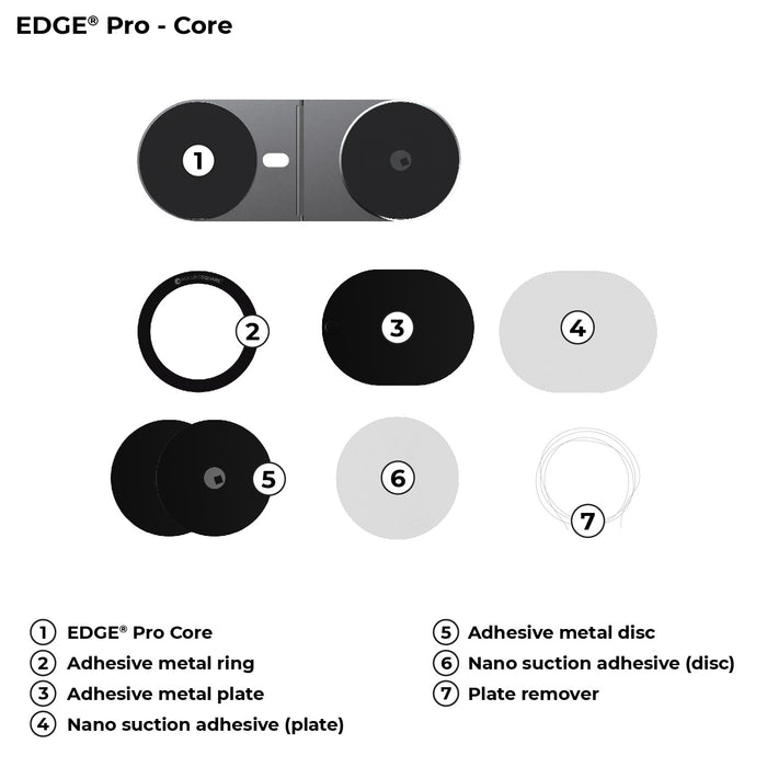 EDGE® Pro Core - MagSafe phone & tablet holder - EDGE® Pro Core - MagSafe phone & tablet holder - Hyperspace Black - Compact black and gray MagSafe phone and tablet holder with adhesive metal plates and disc components. - Rolling Square EDGE® Pro Core - MagSafe phone & tablet holder - Hyperspace Black - Compact black and gray MagSafe phone and tablet holder with adhesive metal plates and disc components. - Rolling Square