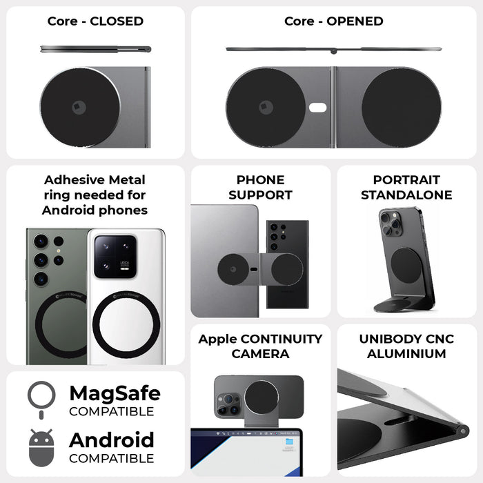 EDGE® Pro Core - MagSafe phone & tablet holder - EDGE® Pro Core - MagSafe phone & tablet holder - Hyperspace Black - Black EDGE® Pro Core phone and tablet holder with rotating magnetic base, shown closed and opened states. - Rolling Square EDGE® Pro Core - MagSafe phone & tablet holder - Hyperspace Black - Black EDGE® Pro Core phone and tablet holder with rotating magnetic base, shown closed and opened states. - Rolling Square